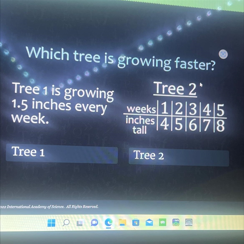 Which tree is growing faster?Tree 2*Tree 1 is growing1.5 inches everyweek.weeks 1|2|3|4|5inches-example-1