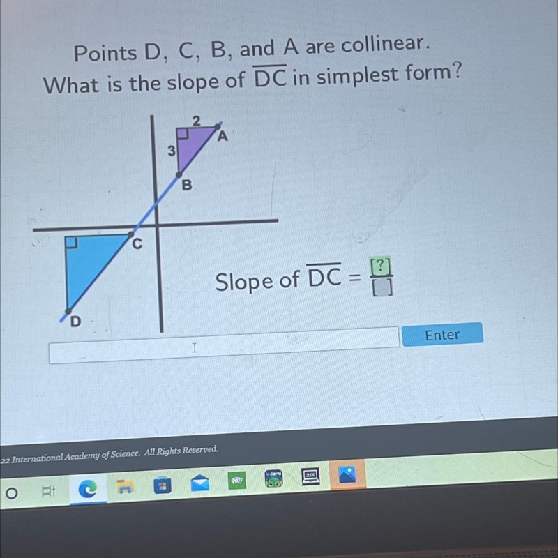 Points D, C, B, and A are collinear.What is the slope of DC in simplest form?A3Bс-example-1