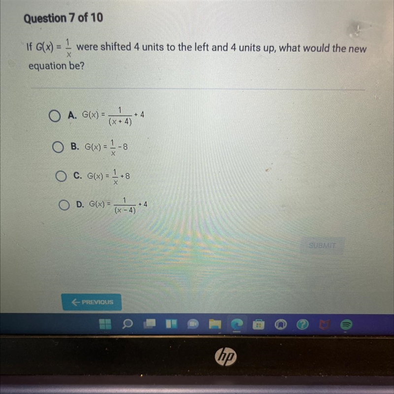 If G(x) = 1/x were shifted 4 units to the left and 4 units up , what would the new-example-1