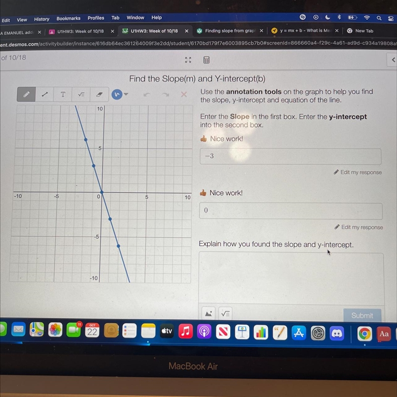 I need help answering the “explain how you found the slope and y intercept question-example-1