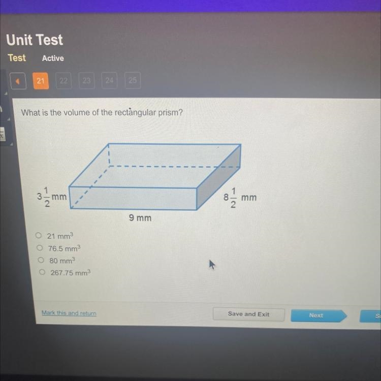 What is the volume of the rectangular prism? - 1 3 3. m. mm 8 mm 2 9 mm 21 mm 76.5 mm-example-1