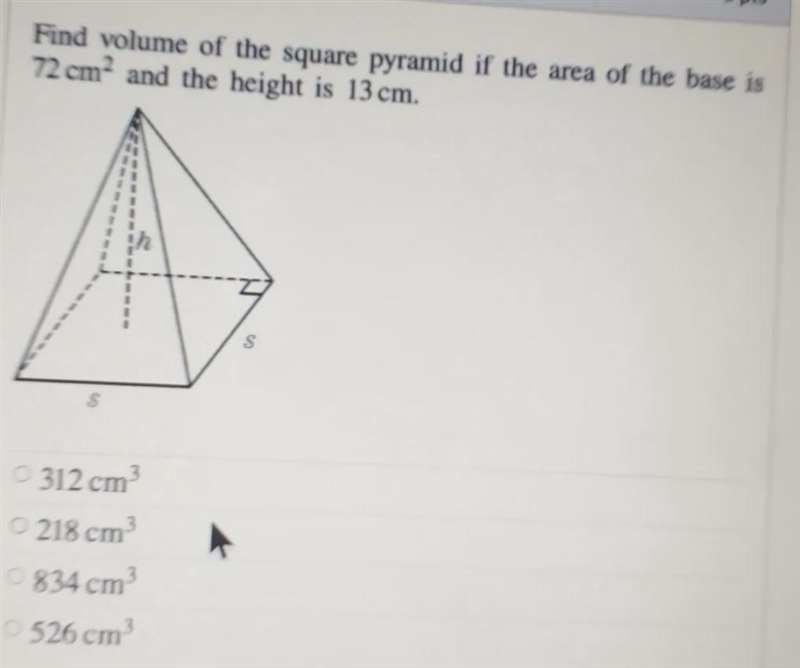 Find volume of the square pyramid if the area of the base is 72 cm² and the height-example-1