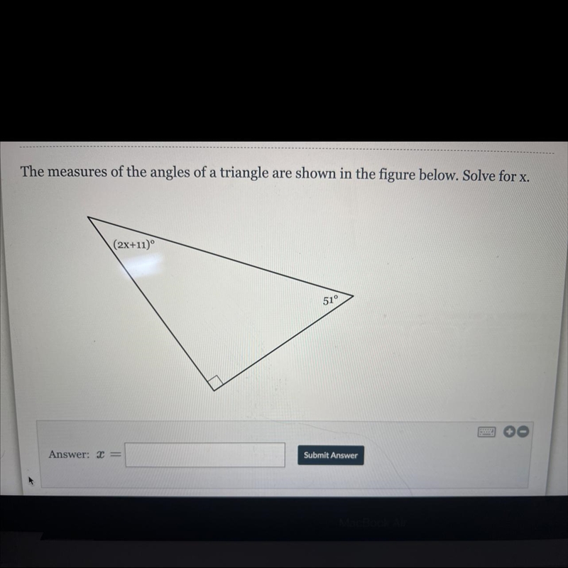 The measures of the angles of a triangle are shown in the figure below. Solve for-example-1