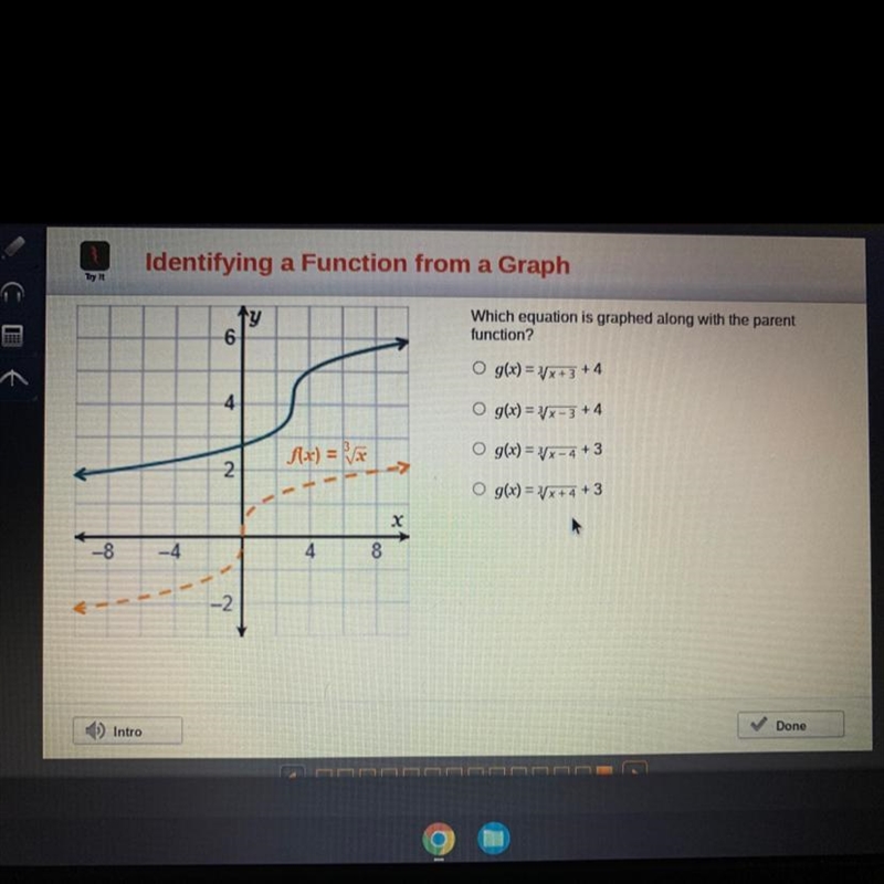 -8ty642-2f(x)=√x48برWhich equation is graphed along with the parentfunction?O g(x-example-1