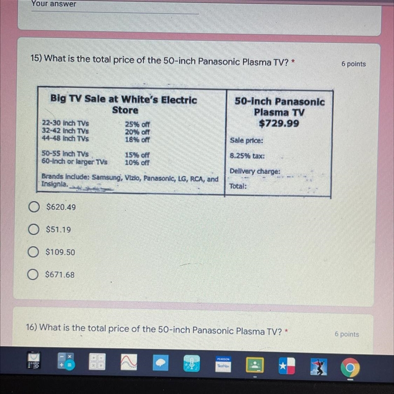 15) What is the total price of the 50-inch Panasonic Plasma TV? *6 points50-inch PanasonicPlasma-example-1