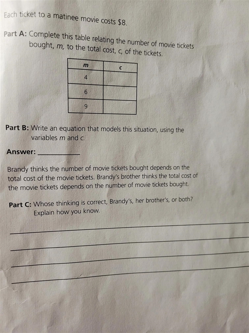 Each ticket to a matinee movie costs $8. Part A: Complete this table relating the-example-1