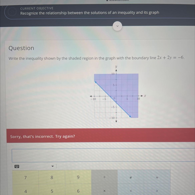 Write the inequality shown by the shaded region in the graph with the boundary line-example-1