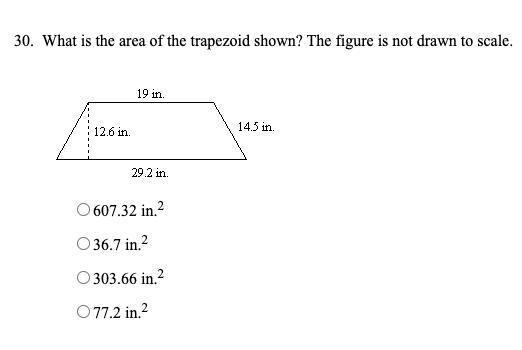 What is the area of the trapezoid shown? Te figure is not drawn to scale.thank you-example-1