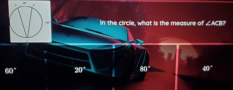 In the circle, what is the measure of ZACB? 60° 20° 80 40°-example-1