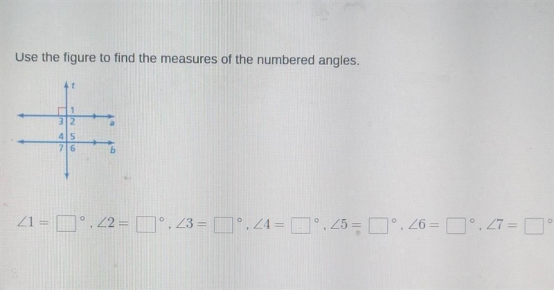 Use the figure to find the measures of the numbered angles. 4 21 = 0.22 = 0.23= , 24= 26 =°, 27=-example-1