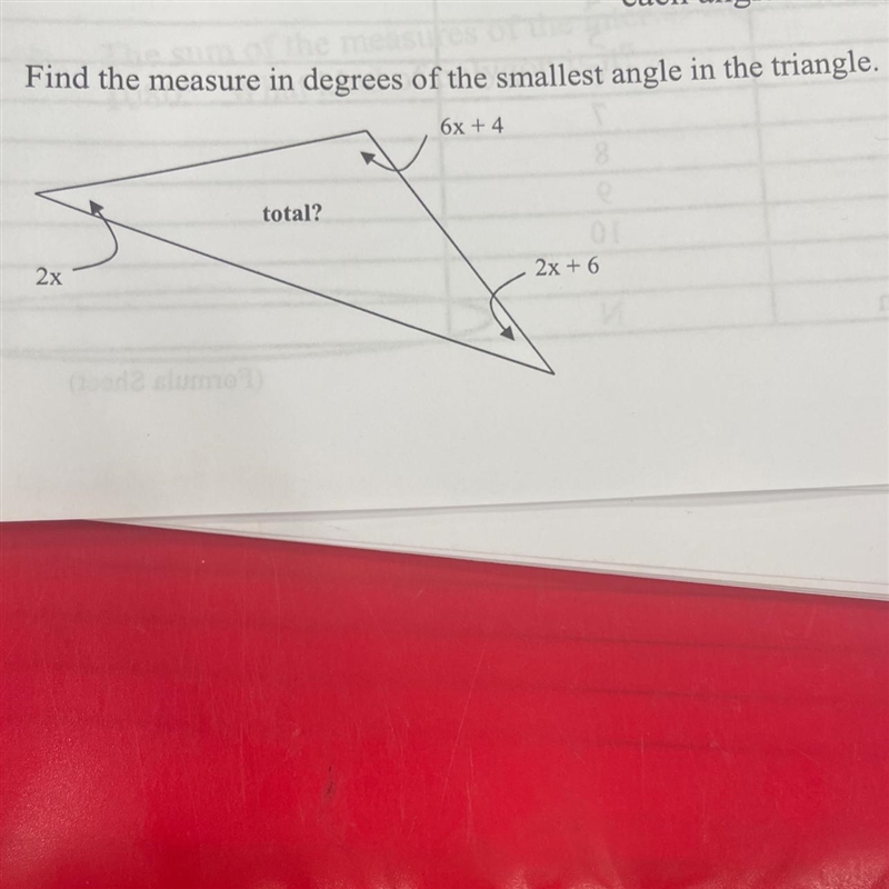 Find the measure in degrees of the smallest angle in the triangle.-example-1