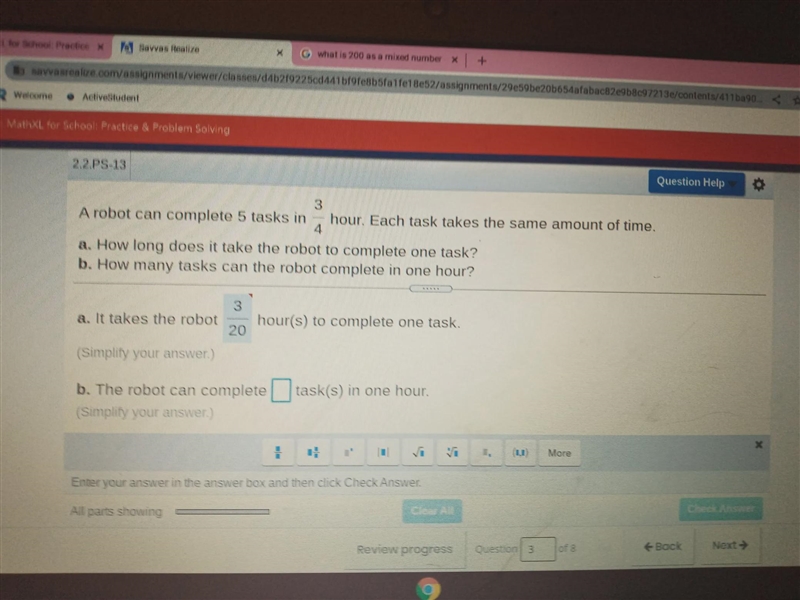 A robot can complete 5 tasks in 3/4 hour. Each task takes the same amount of time-example-1