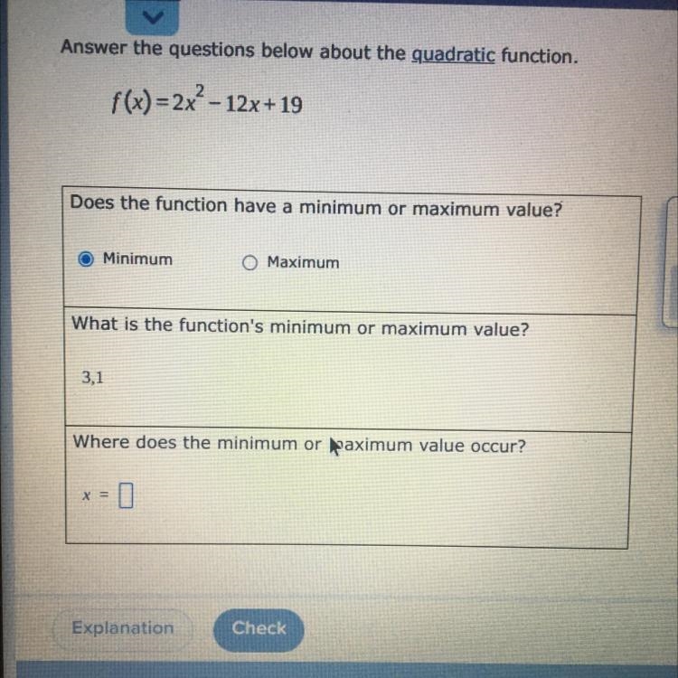 How do we determine the function, minimum or maximum, and the value of the minimum-example-1