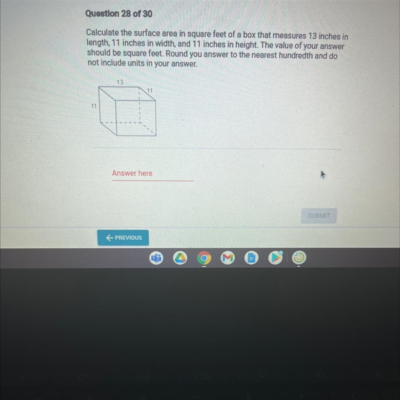 Question 28 of 30Calculate the surface area in square feet of a box that measures-example-1