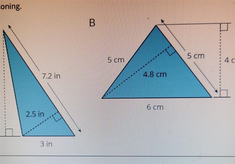 For each triangle identify a base and corresponding height use them to find the are-example-1