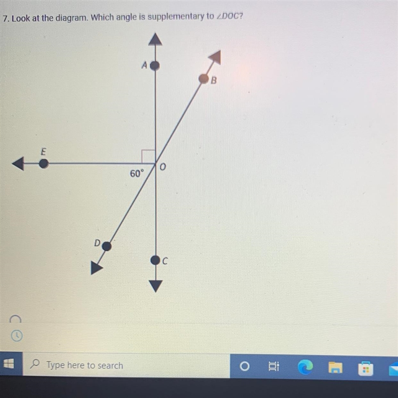 Look at the diagram. Which angle is supplementary to Angle AOD Angle AOB Angle BOA-example-1