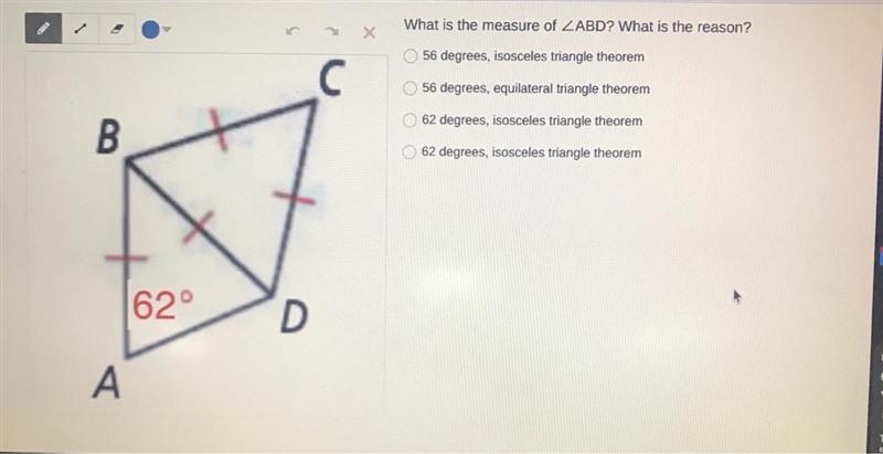 What is the measure of ZABD? What is the reason?56 degrees, isosceles triangle theorem-example-1