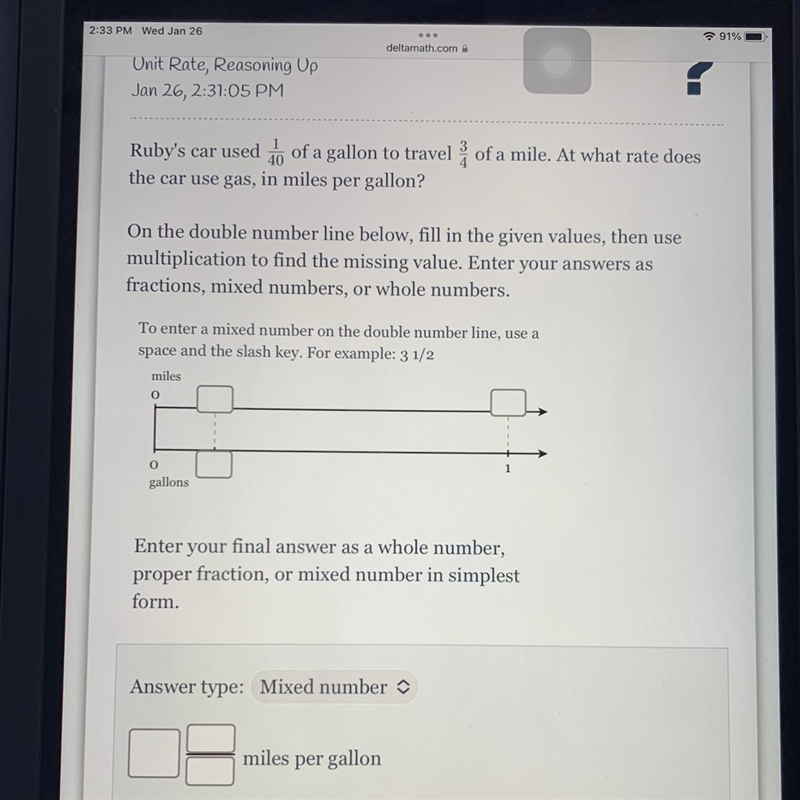 Please help me with this!!! Ruby’s car used 1/40 of a gallon to travel 3/4 of a mile-example-1