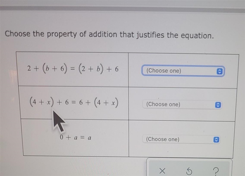 Choose the property of addition that justifies the equation. ​-example-1