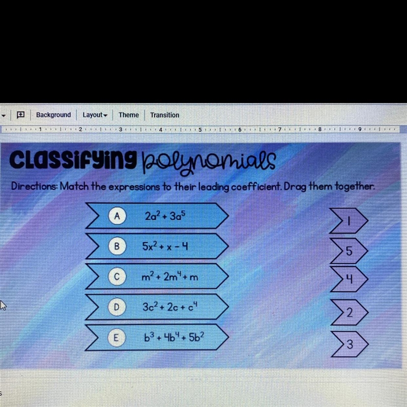 Match the expression to their leading coefficient. Drag them together.-example-1