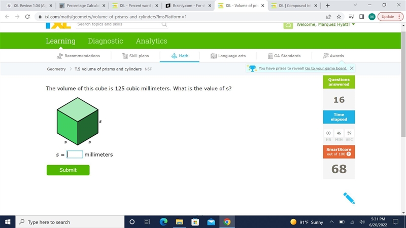 The volume of this cube is 125 cubic millimeters. What is the value of s?-example-1