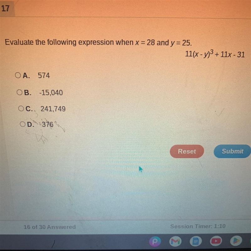 Evaluate the following expression when x = 28 and y = 25. -> 11(x-y)³ + 11x-31 OA-example-1