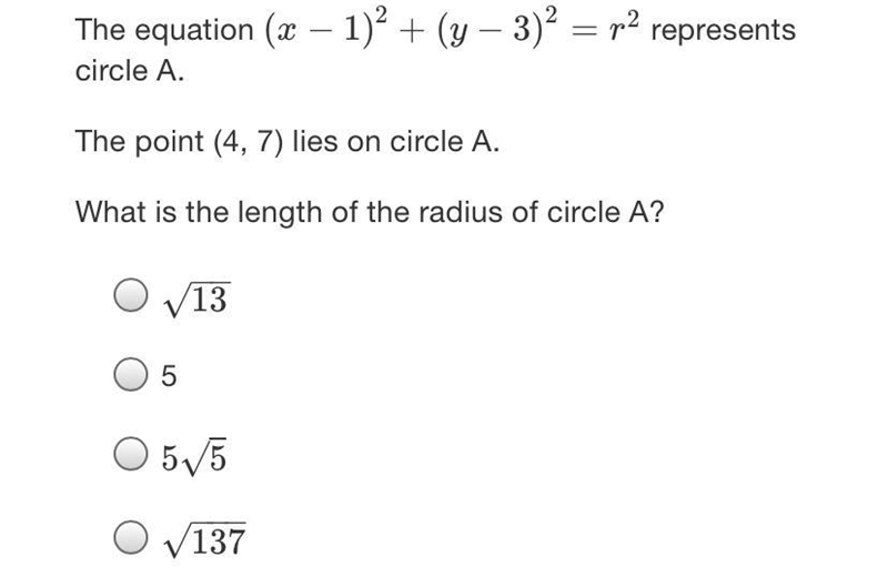 The equation (x - 1)² + (y - 3)² = 12 represents circle A.The point (4, 7) lies on-example-1