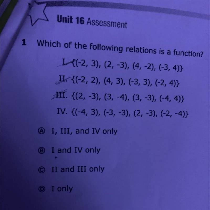 1 Which of the following relations is a function? L(-2, 3), (2, -3), (4, -2), (-3,4)} II-example-1