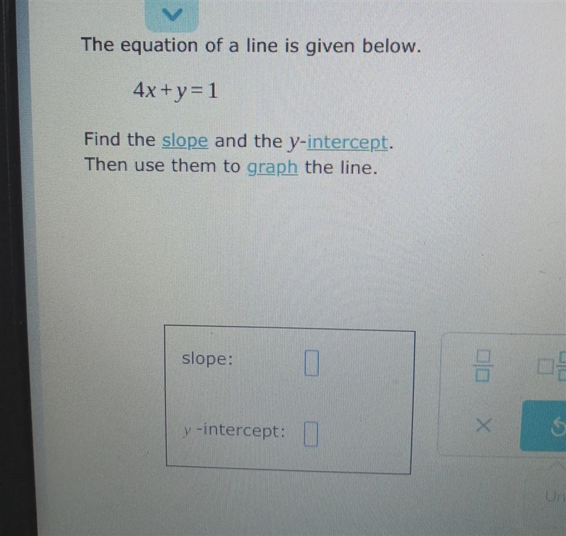 The equation of a line is given below.4x + y = 1Find the slope and the y-intercept-example-1