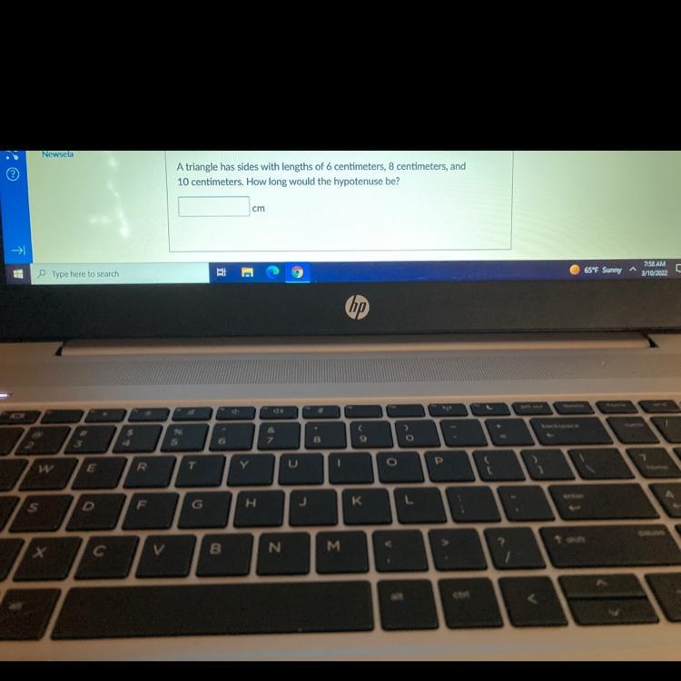 A triangle has sides with lengths of 6 cm 8 cm and 10 cm how long would the hypotenuse-example-1