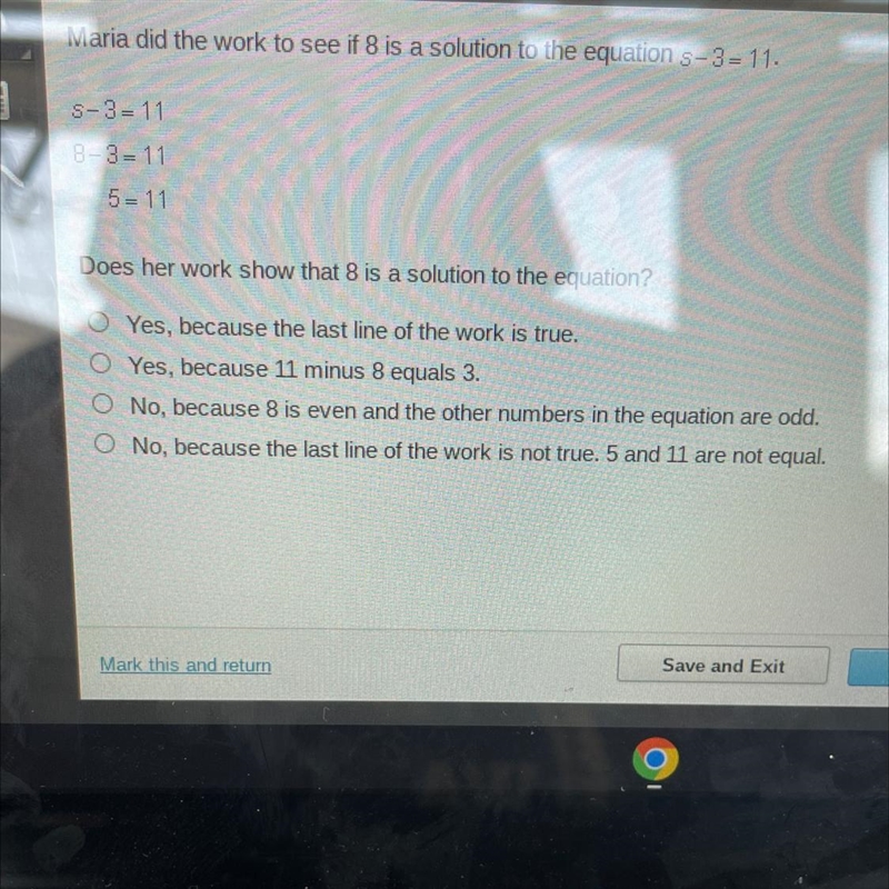 Does this work show that 8 is a solution to the equation s-3=11 and how?-example-1