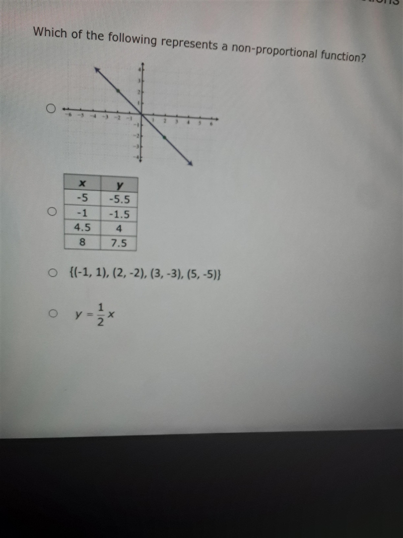 Which of the following represents a non-proportional function? X -5 y -5.5 -1.5 -1 4.5 4 8 7.5 o-example-1