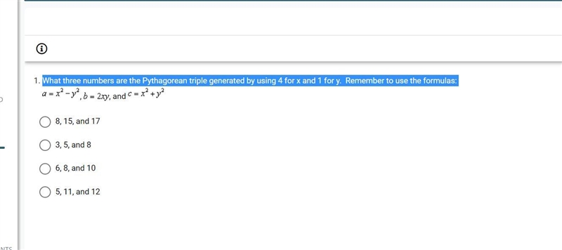 What three numbers are the Pythagorean triple generated by using 4 for x and 1 for-example-1