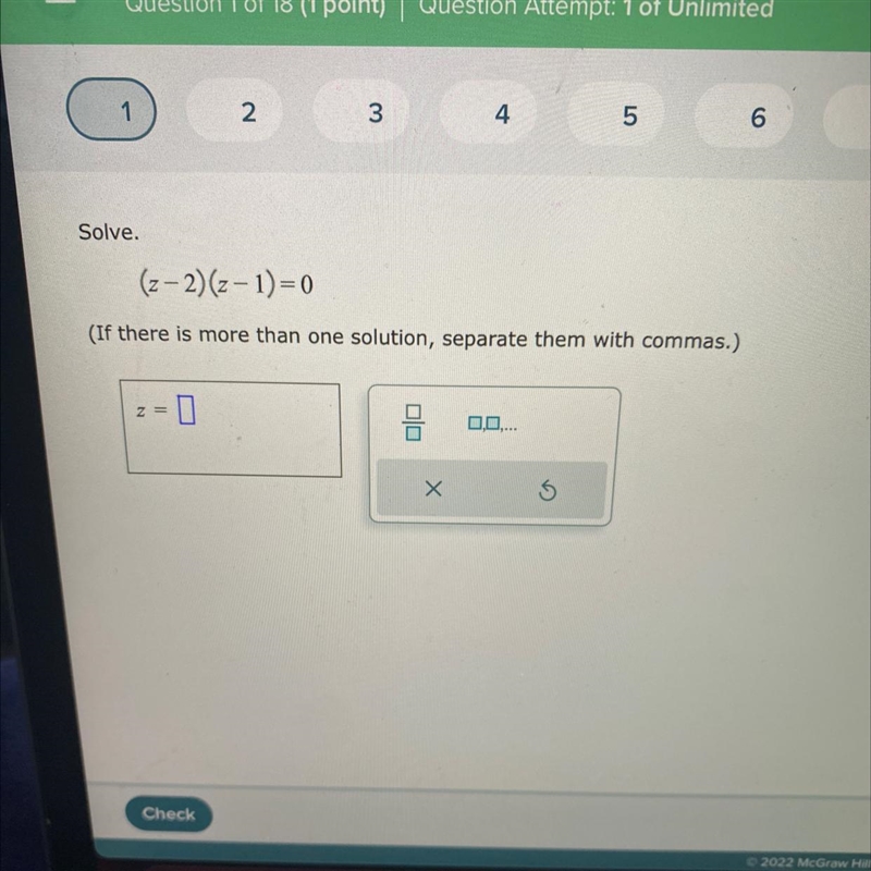 Solve.(z-2)(z-1)=0(If there is more than one solution, separate them with commas.)= 0Z-example-1