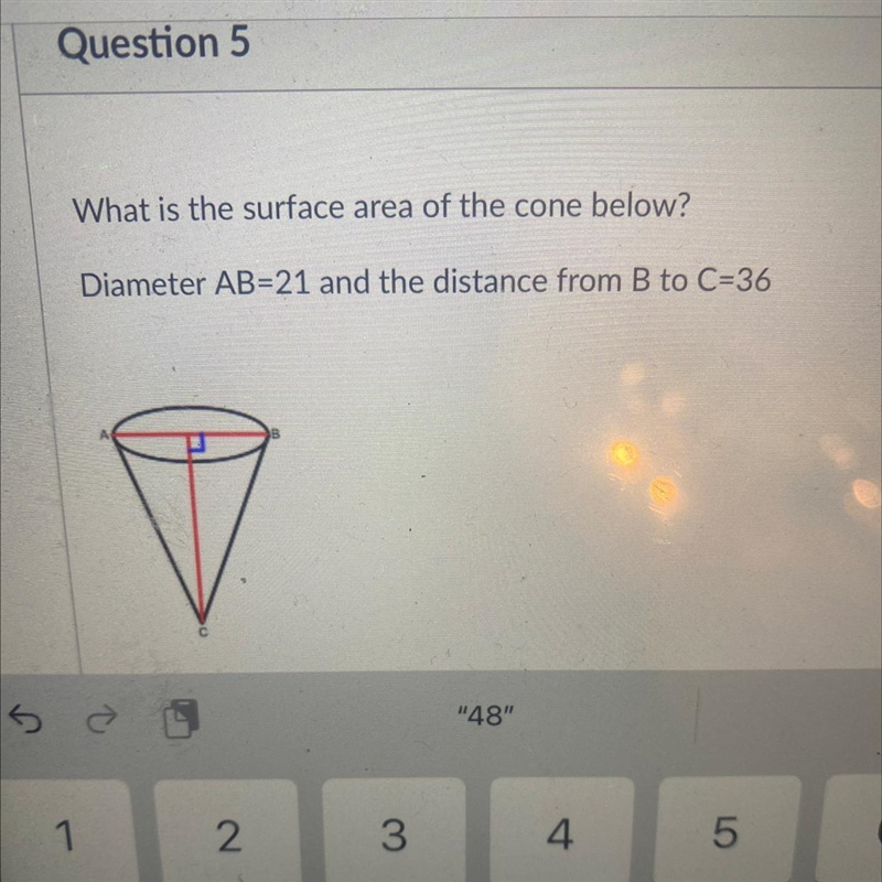 What is the surface area of cone below Diameter AB=21 and distance from B to C =36-example-1