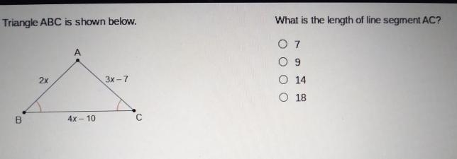 Triangle ABC is shown below (or above) What is the length of the segment AC?A. 7B-example-1