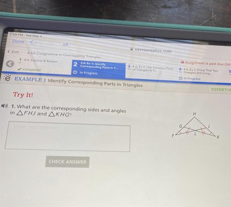 What are the corresponding sides and angles in FHJ and KHG-example-1