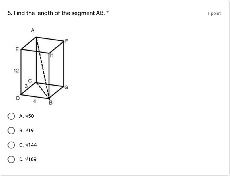 Find the length of the segment AB.A. √50B. √19C. √144D. √169-example-1