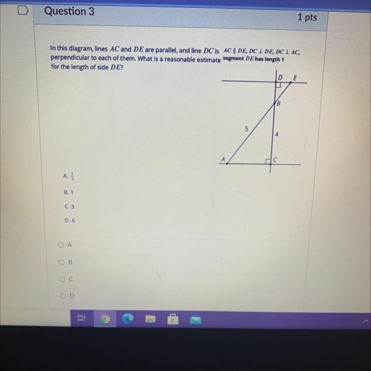 In this diagram, lines AC and DE are parallel, and line DC is AC || DE, DC I DE, DC-example-1