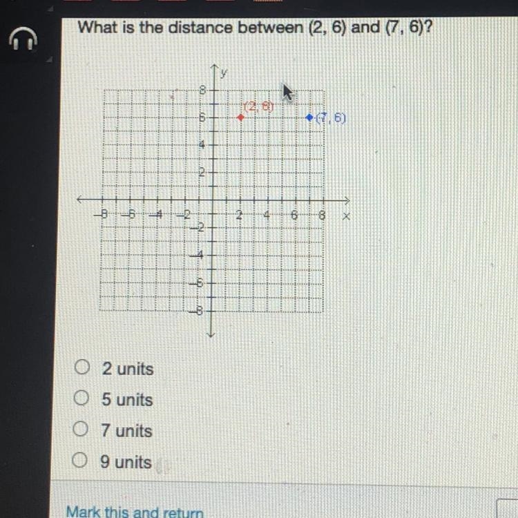 What is the distance between (2,6) and (7,6)?-example-1