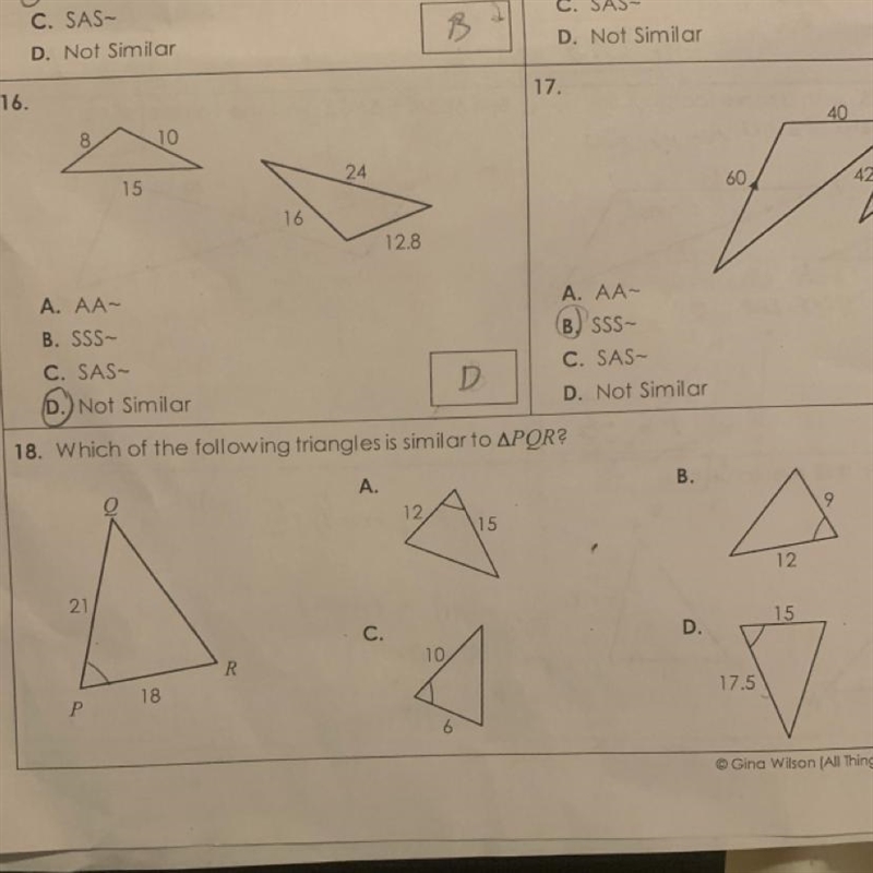 18. Which of the following triangles is similar to APQR? A. B. 12 9 115 12 21 15 C-example-1