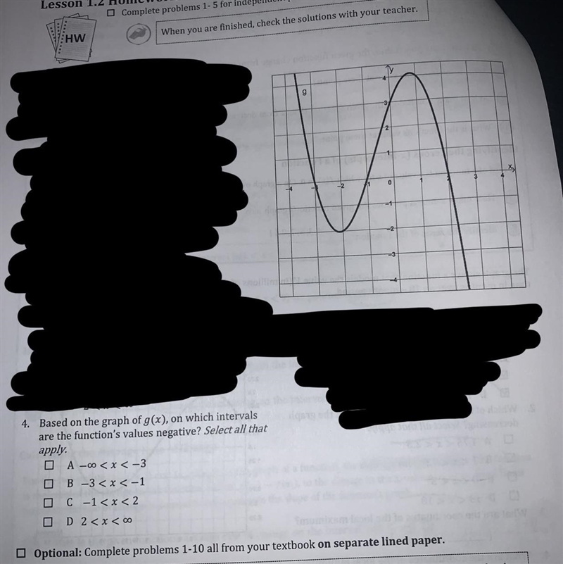 Based on the graph of g(x), on which intervals are the function's values negative-example-1