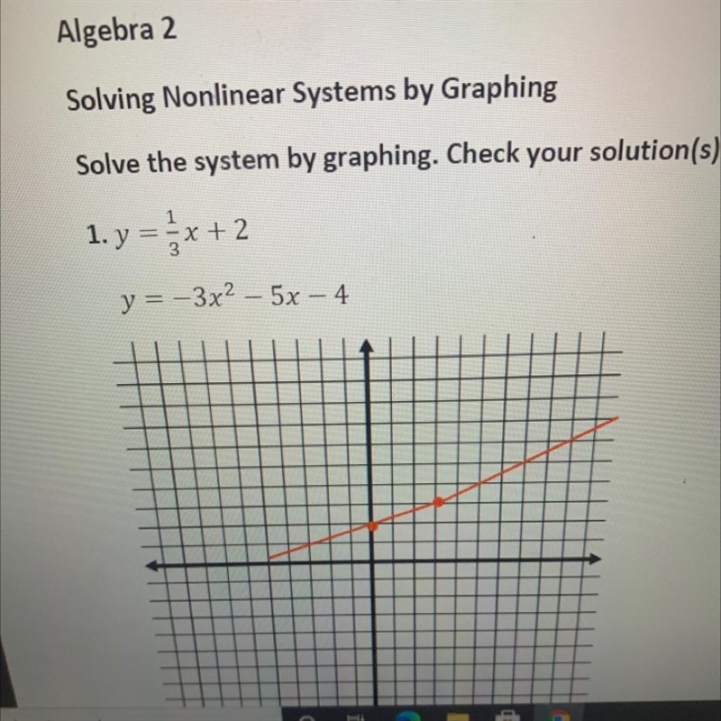 y = 1/3x + 2y = -3x^2 – 5x – 4Solve the system by graphing. Can anyone please help-example-1