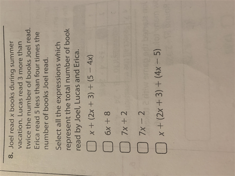 Select all the expressions whichrepresent the total number of bookread by Joel, Lucas-example-1