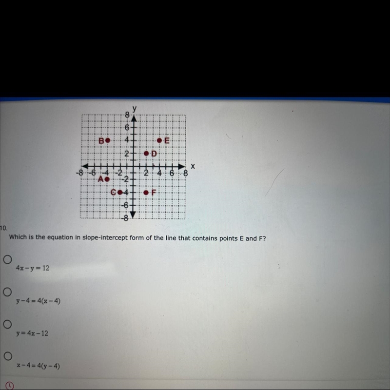 Which is the equation in slope-intercept form of the line that contains points E and-example-1