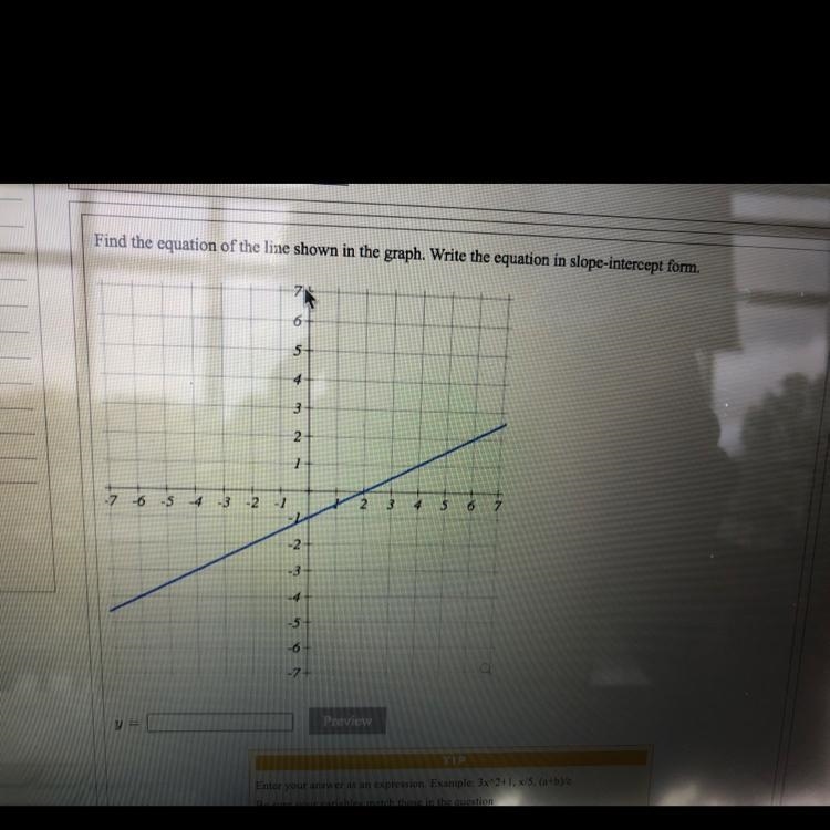 Find the equation of the line shown in the graph. Write the equation in slope-intercept-example-1