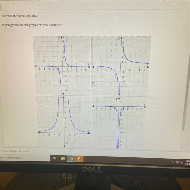 Select all the correct graphs. Which graphs are the graphs of even functions?-example-1