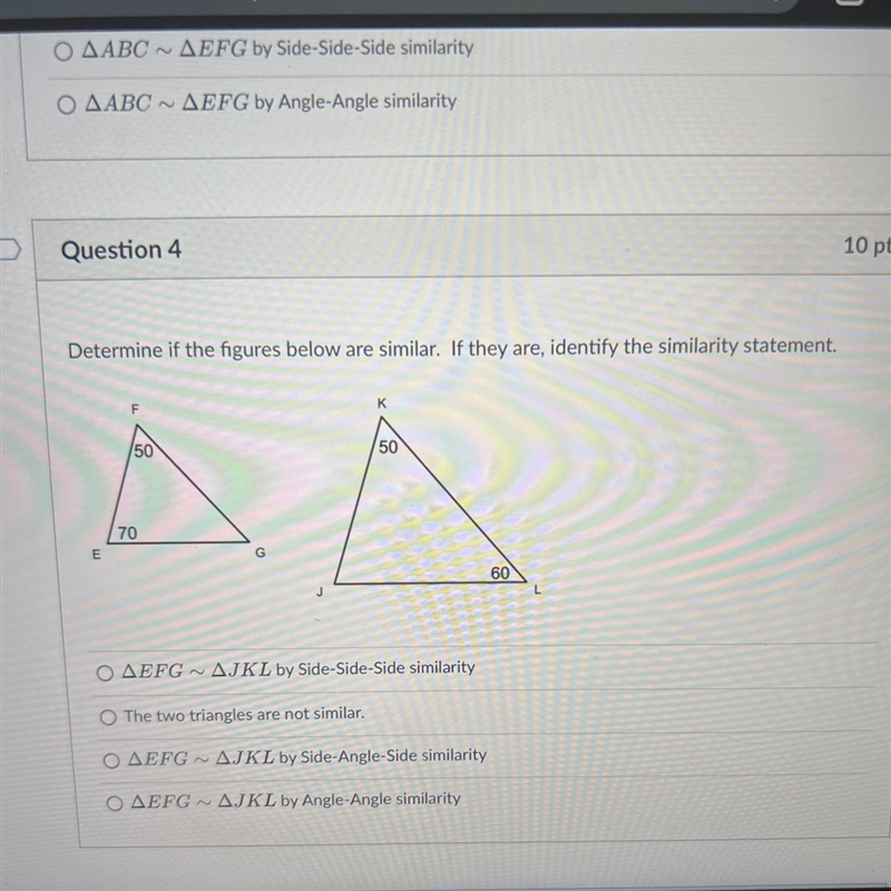 Determine if the figures below are similar. If they are, identify the similarity statement-example-1