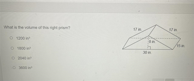 What is the volume of this right prism? 1200 in3 1800 in3 2040 in3 3600 in3-example-1