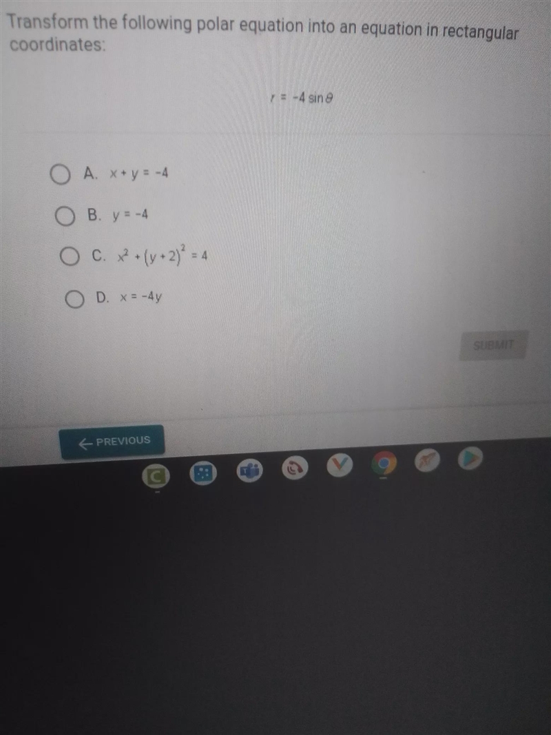 Transform the following polar equation into an equation in rectangular coordinates-example-1